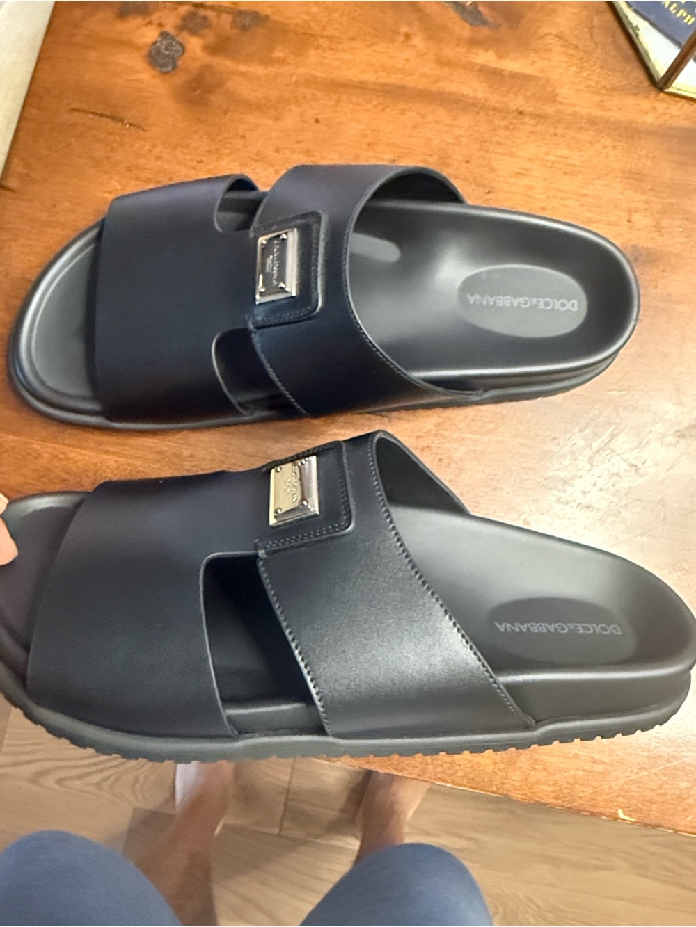 Dolce & Gabbana Black Leather Double-Strap Slide Sandals with Logo Plaque